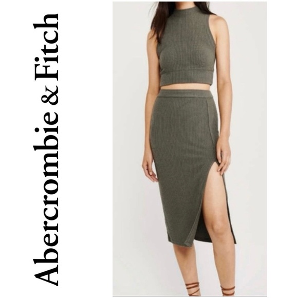 Abercrombie & Fitch Dresses & Skirts - ABERCROMBIE AND FITCH Olive Midi Ribbed Skirt Long Side Slit Pencil Sleek Wmn S